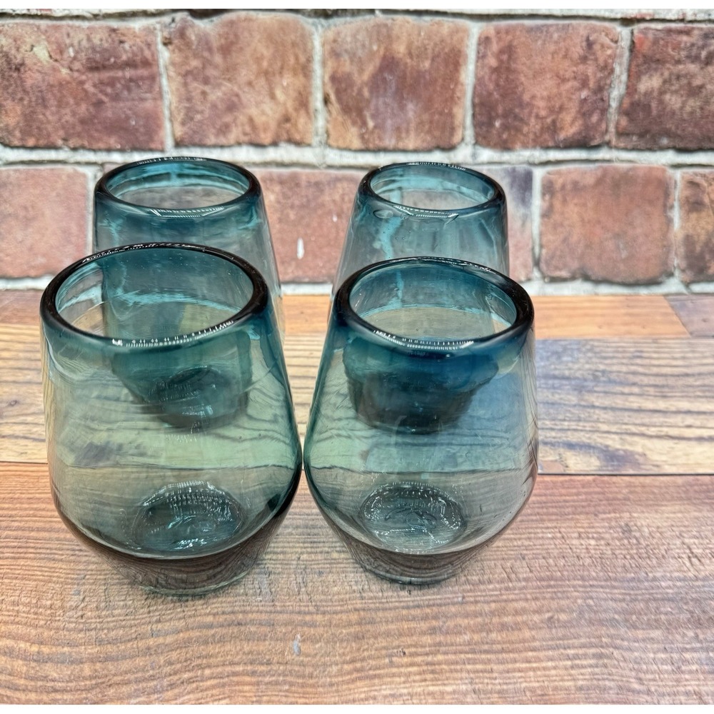 Mexican Hand Blown Stemless Wine Art Glass Goblets Set of 4 Aqua Blue Pontil